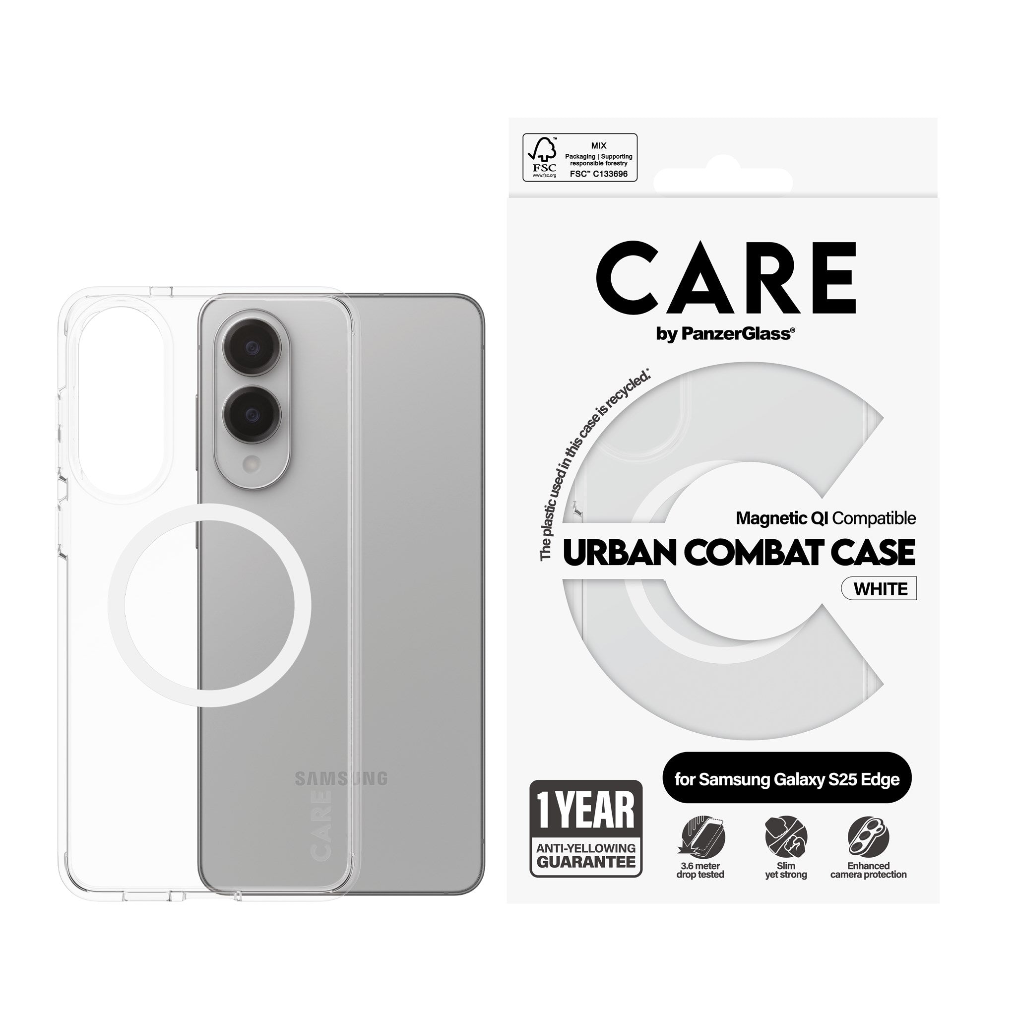 CARE by PanzerGlass® Urban Combat Case Transparent w. White Qi Compatible Samsung S25 Edge